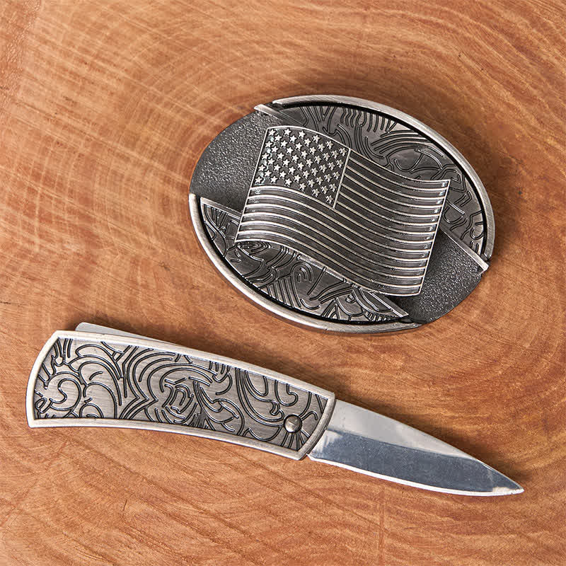 Silver American Flag DIY Hidden Knife Buckle Leather Belt - Image 2