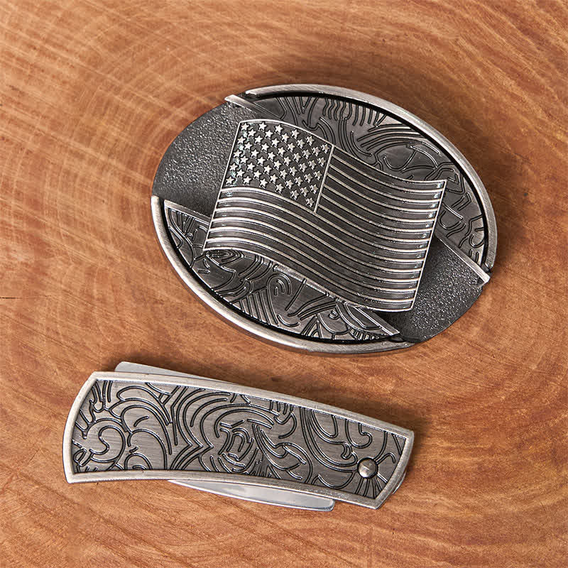 Silver American Flag DIY Hidden Knife Buckle Leather Belt - Image 4