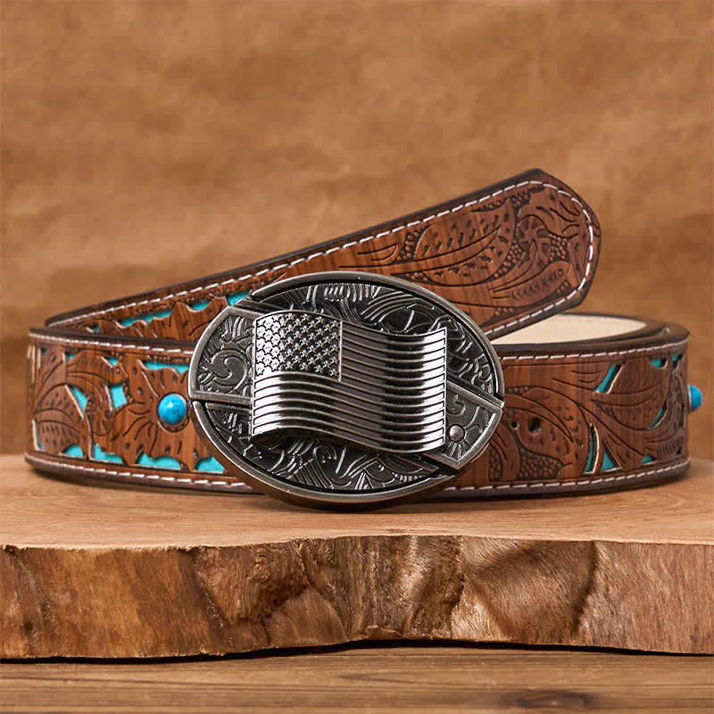 Silver American Flag DIY Hidden Knife Buckle Leather Belt - Image 6