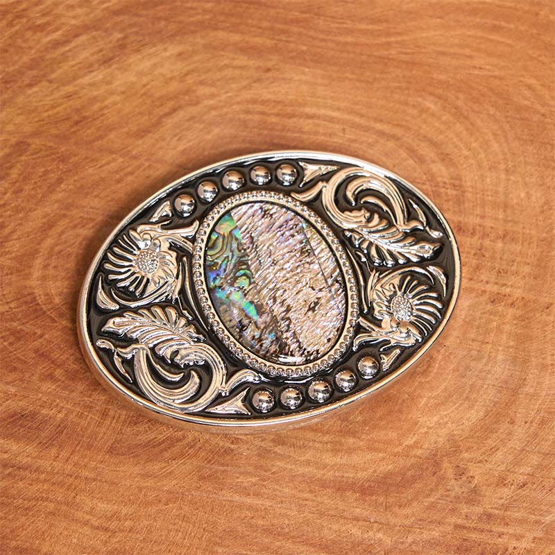 Silver Black Carved Shell DIY Buckle Leather Belt - Image 2