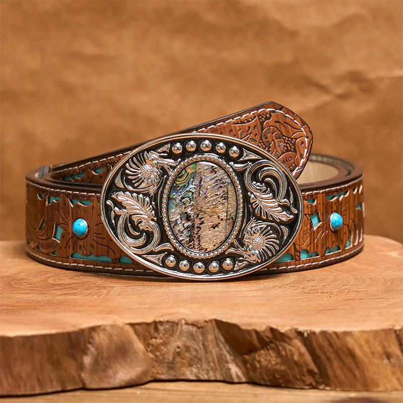 Silver Black Carved Shell DIY Buckle Leather Belt - Image 5
