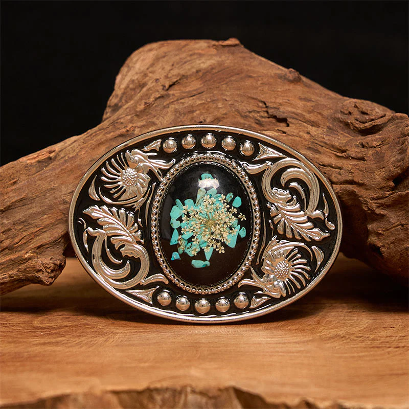 Silver Black Carved Turquoise & Flowers DIY Buckle Leather Belt