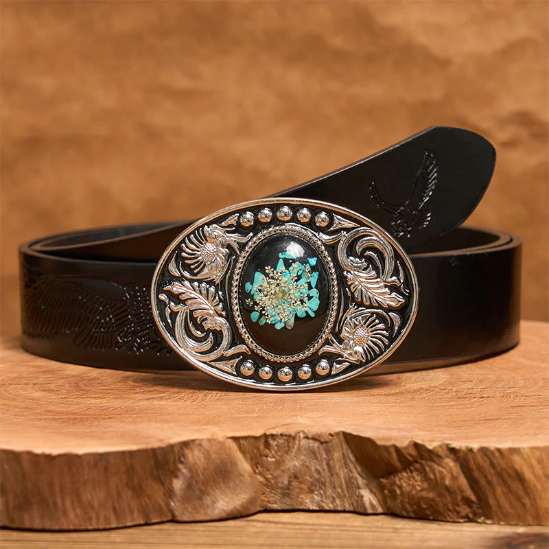 Silver Black Carved Turquoise & Flowers DIY Buckle Leather Belt - Image 4