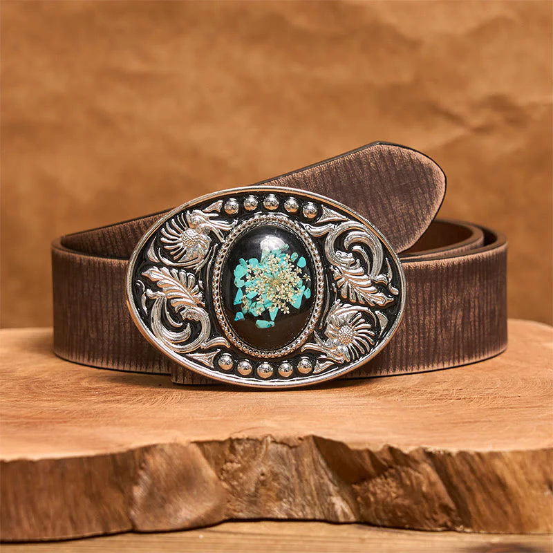 Silver Black Carved Turquoise & Flowers DIY Buckle Leather Belt - Image 7