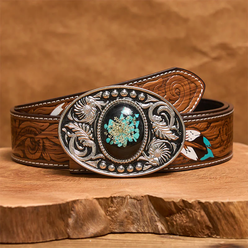 Silver Black Carved Turquoise & Flowers DIY Buckle Leather Belt - Image 9