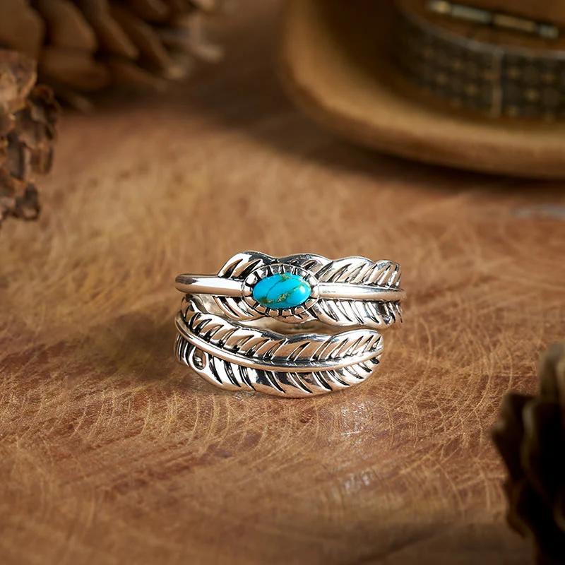 Silver Bohemian Style Inlaid Turquoise Feather Ring