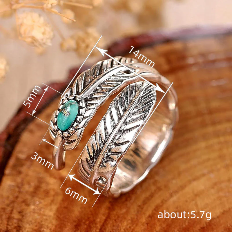 Silver Bohemian Style Inlaid Turquoise Feather Ring - Image 6