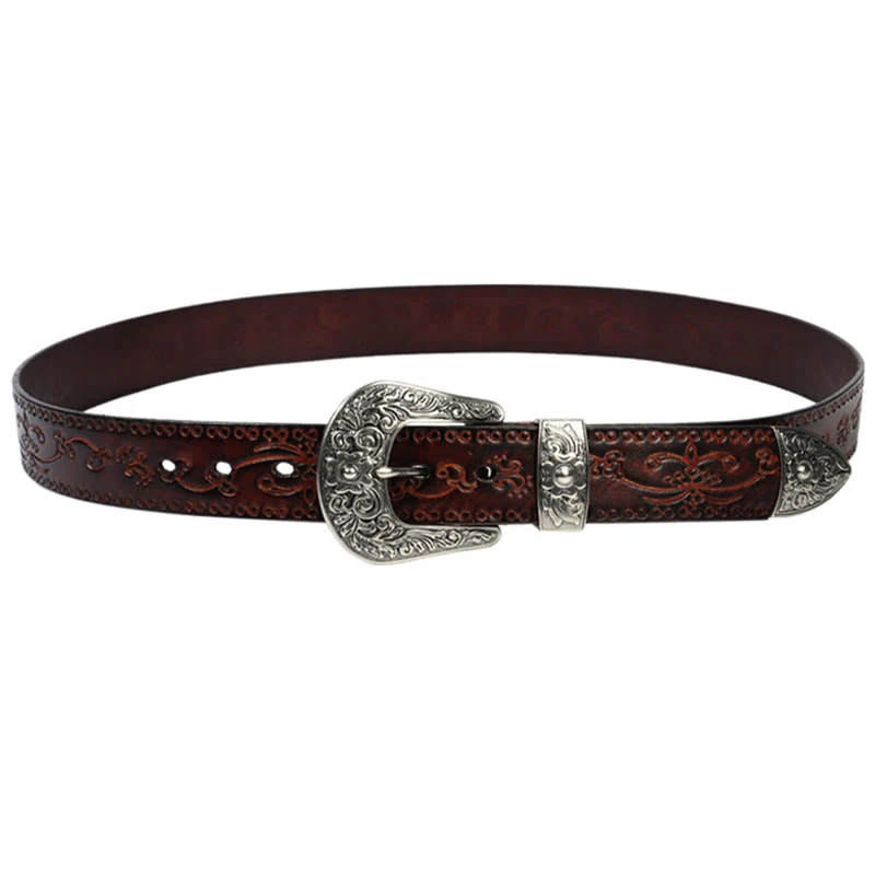 Silver Buckle Buckle Western Embossed Leather Belt - Image 10