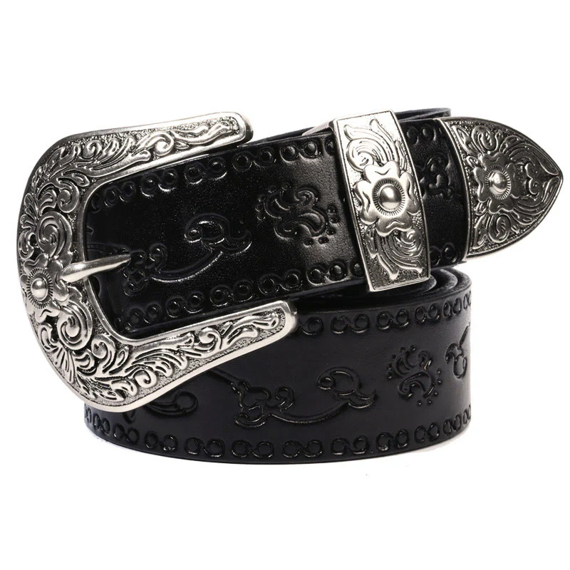 Silver Buckle Buckle Western Embossed Leather Belt - Image 11