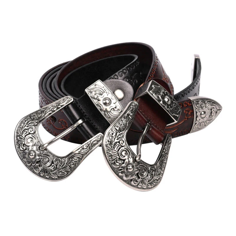 Silver Buckle Buckle Western Embossed Leather Belt - Image 14