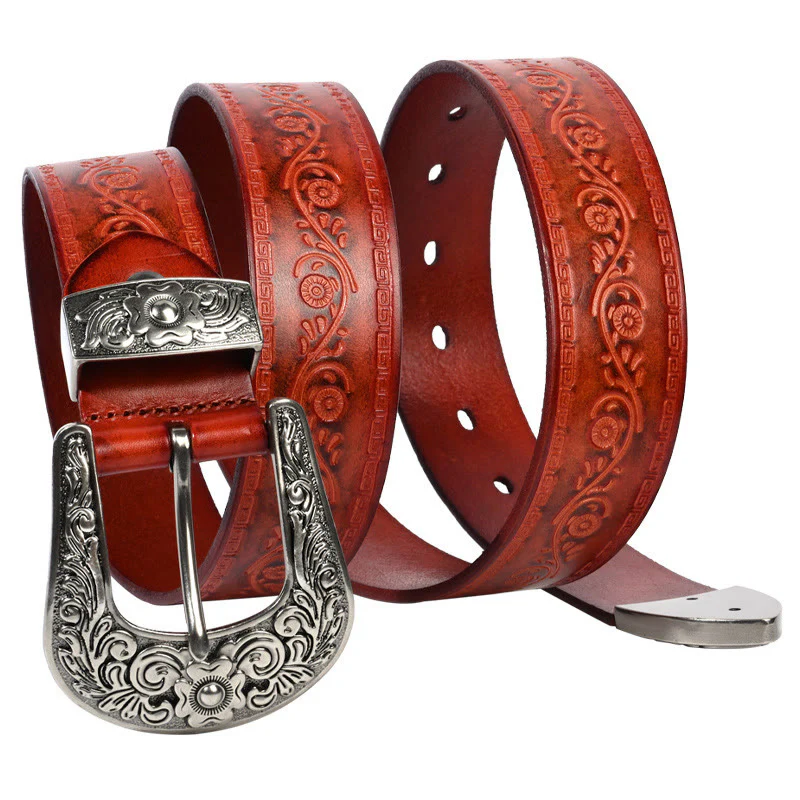Silver Buckle Buckle Western Embossed Leather Belt - Image 2