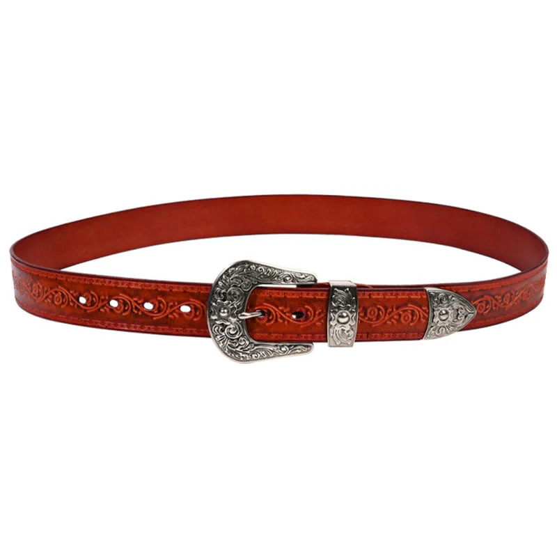 Silver Buckle Buckle Western Embossed Leather Belt - Image 3