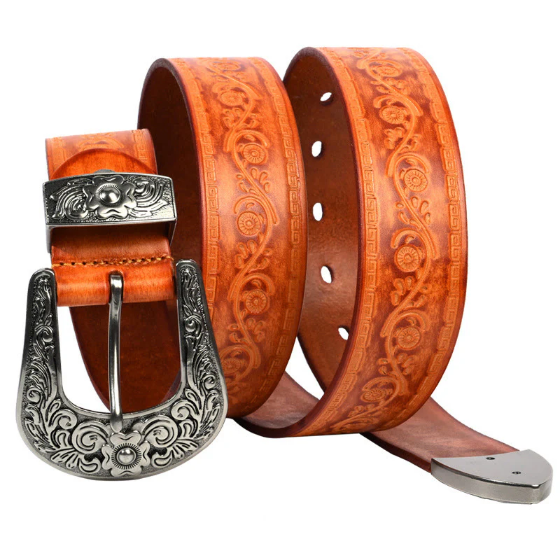 Silver Buckle Buckle Western Embossed Leather Belt - Image 4