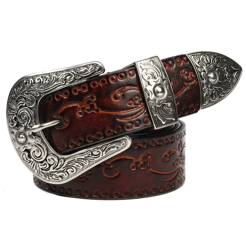 Silver Buckle Buckle Western Embossed Leather Belt - Image 8
