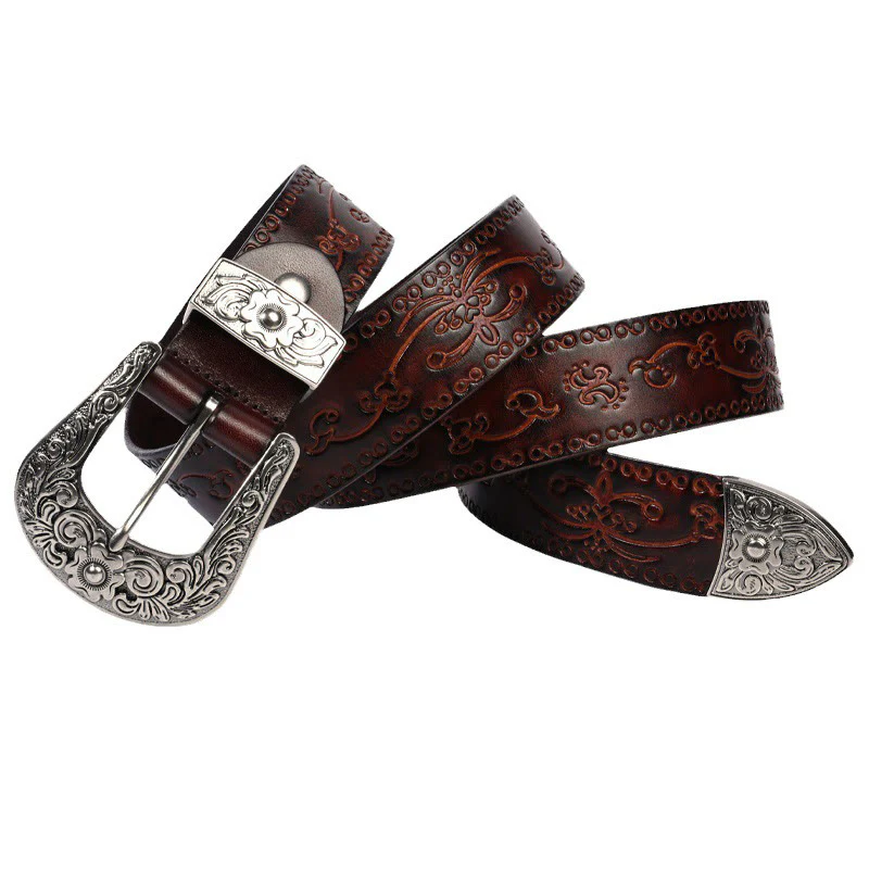 Silver Buckle Buckle Western Embossed Leather Belt - Image 9