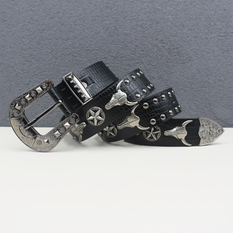 Silver Bull Head Rivet Black Crocodile Print Leather Belt - Image 2