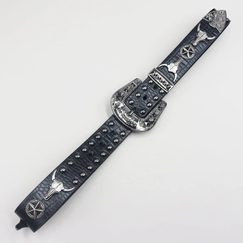 Silver Bull Head Rivet Black Crocodile Print Leather Belt - Image 6