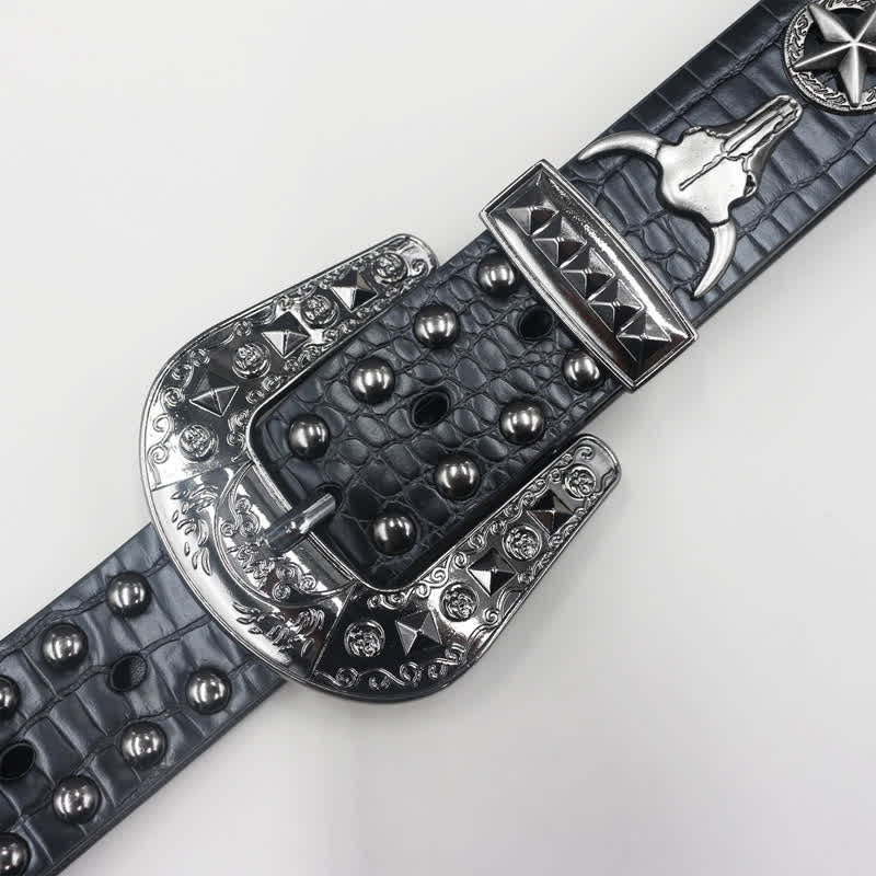 Silver Bull Head Rivet Black Crocodile Print Leather Belt - Image 7