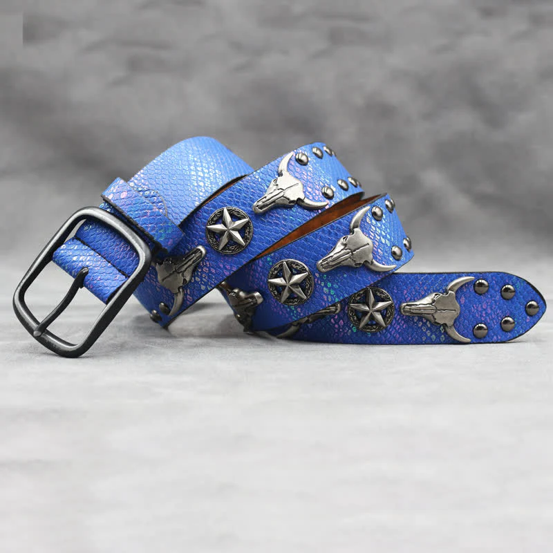 Silver Bull Head Rivet Black Snakeskin Print Leather Belt - Image 16