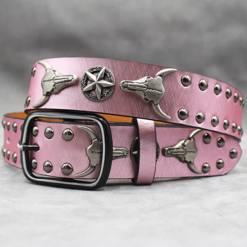 Silver Bull Head Rivet Black Snakeskin Print Leather Belt - Image 17