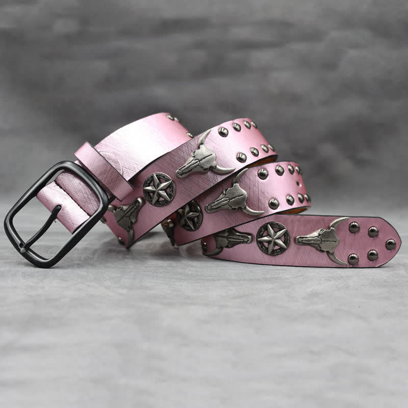 Silver Bull Head Rivet Black Snakeskin Print Leather Belt - Image 18