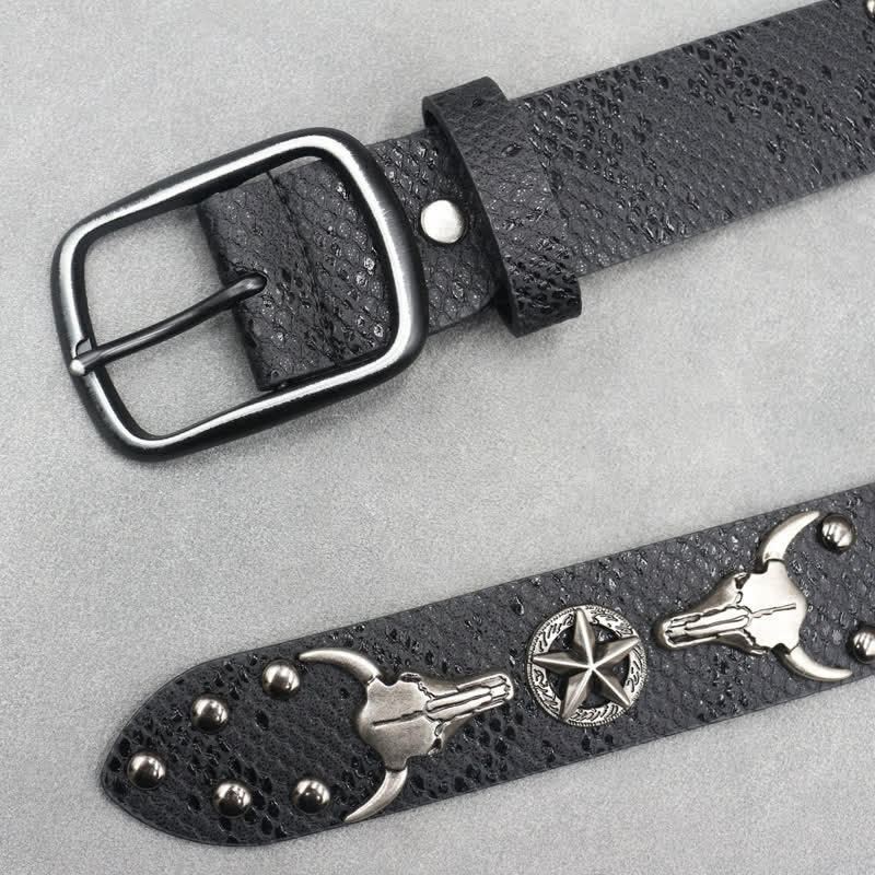 Silver Bull Head Rivet Black Snakeskin Print Leather Belt - Image 3