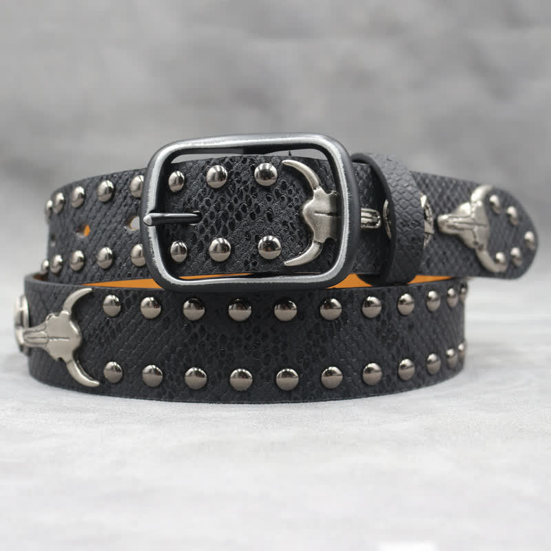 Silver Bull Head Rivet Black Snakeskin Print Leather Belt - Image 5