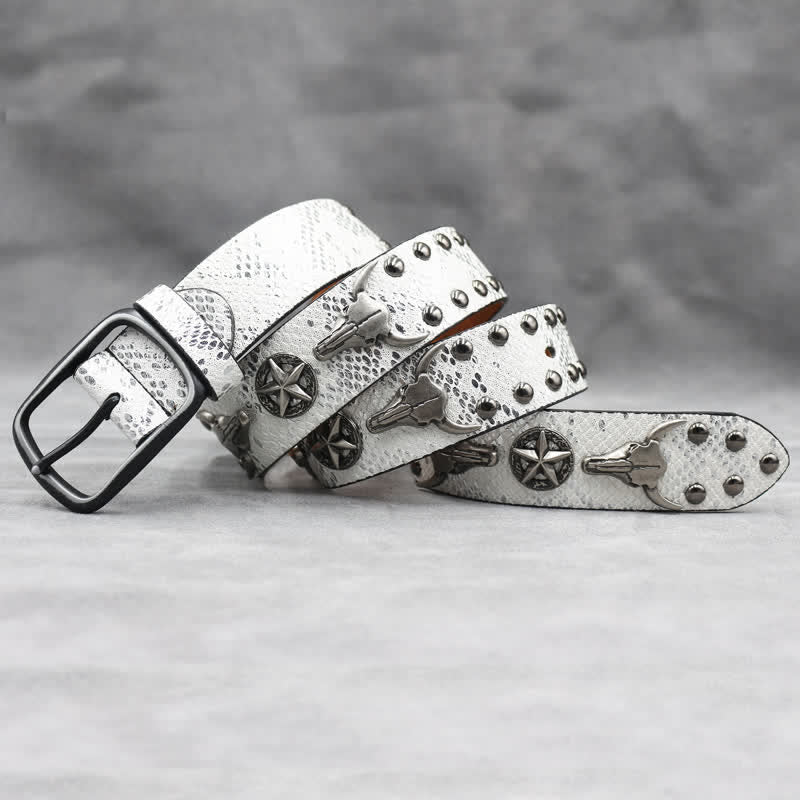 Silver Bull Head Rivet Black Snakeskin Print Leather Belt - Image 8