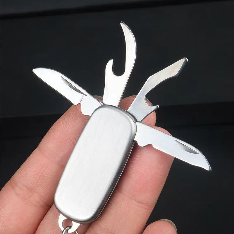 Silver Compact Folding Knife Keychain With Bottle Opener