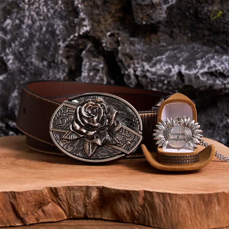 Silver DIY Rose Hidden Knife Belt Buckle Sunflower Necklace Bundle Set - Image 11