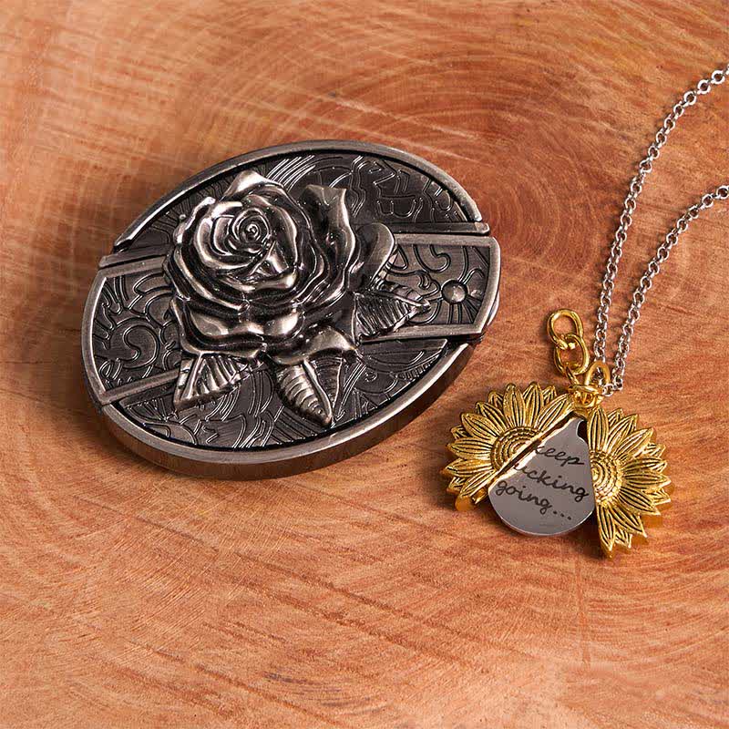 Silver DIY Rose Hidden Knife Belt Buckle Sunflower Necklace Bundle Set - Image 13