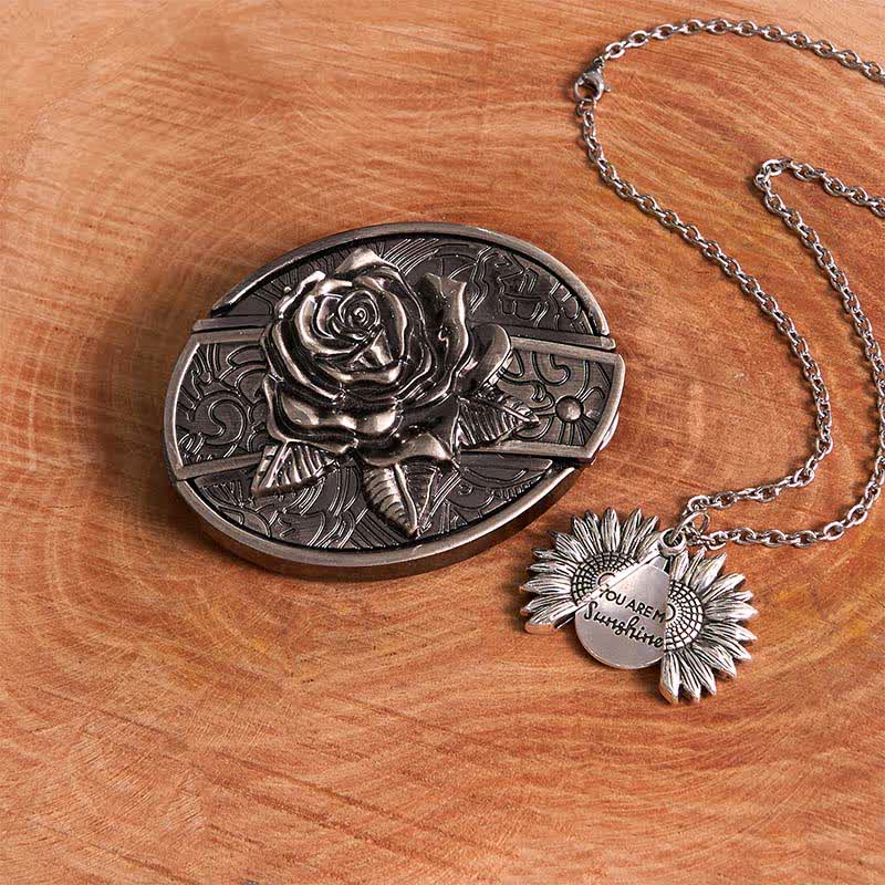 Silver DIY Rose Hidden Knife Belt Buckle Sunflower Necklace Bundle Set - Image 2