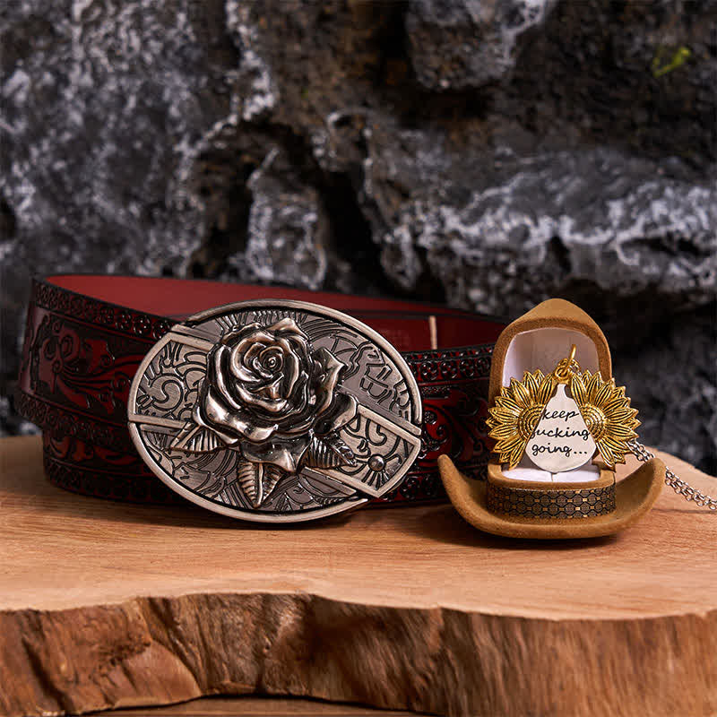 Silver DIY Rose Hidden Knife Belt Buckle Sunflower Necklace Bundle Set - Image 23