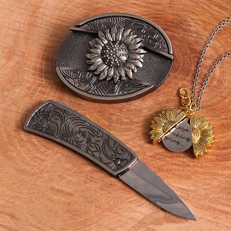 Silver DIY Sunflower Theme Hidden Knife Belt Buckle Necklace Bundle Set - Image 14