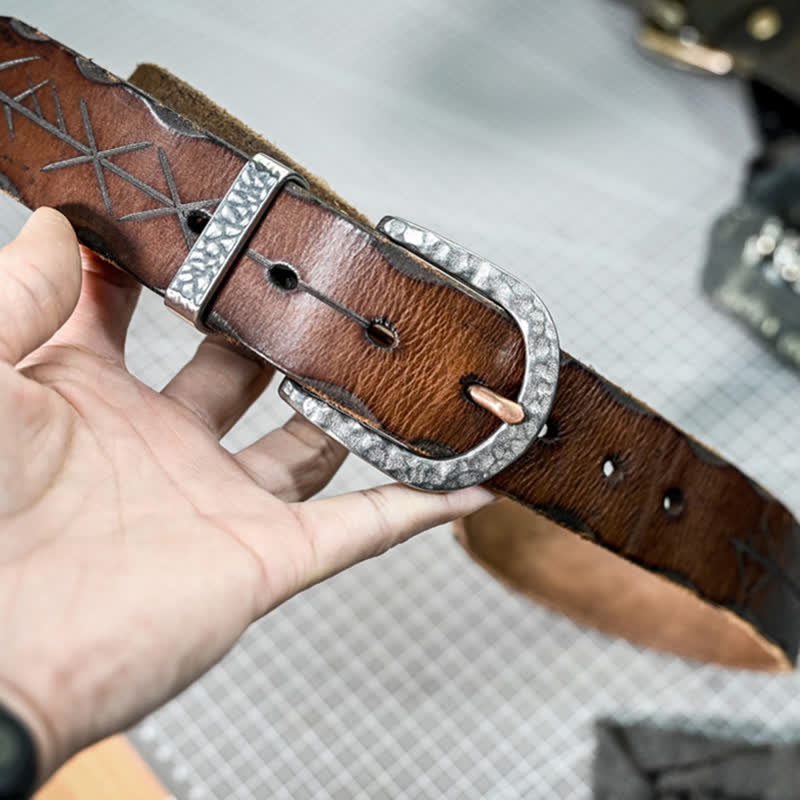 Silver Hammer Buckle Carved Arrow Pattern Leather Belt - Image 3