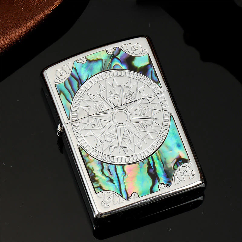 Silver Metal Colored Shell Compass Carved Kerosene Lighter - Image 2