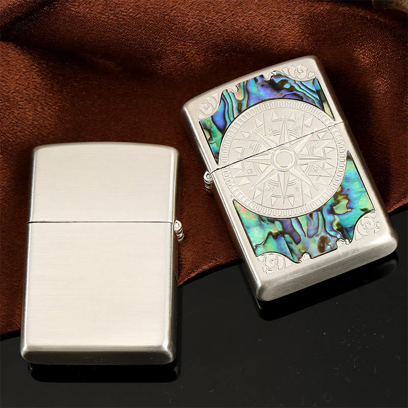 Silver Metal Colored Shell Compass Carved Kerosene Lighter - Image 3