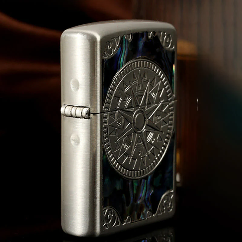 Silver Metal Colored Shell Compass Carved Kerosene Lighter - Image 4