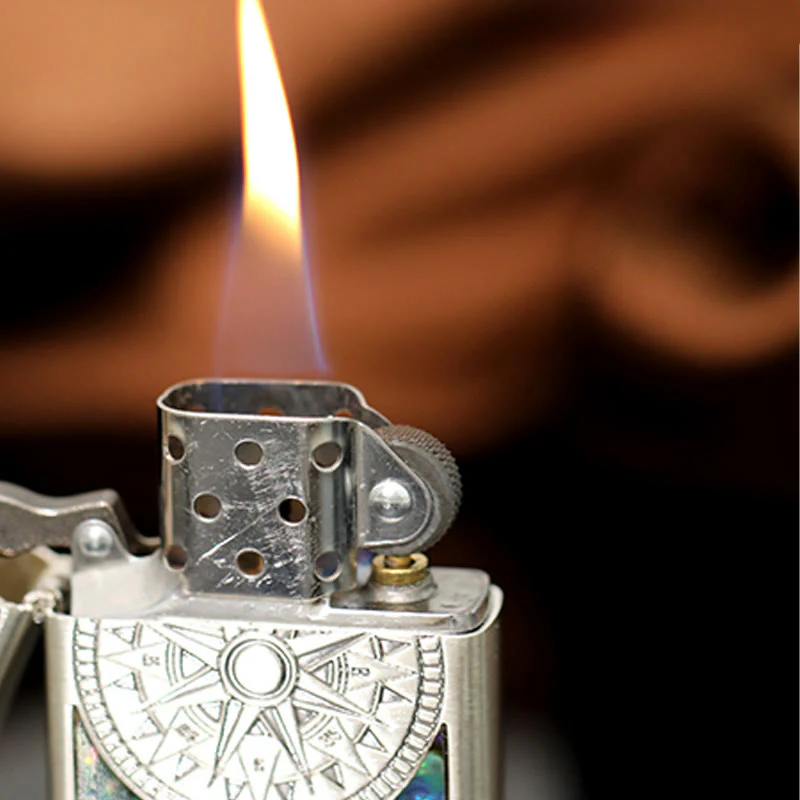 Silver Metal Colored Shell Compass Carved Kerosene Lighter - Image 5
