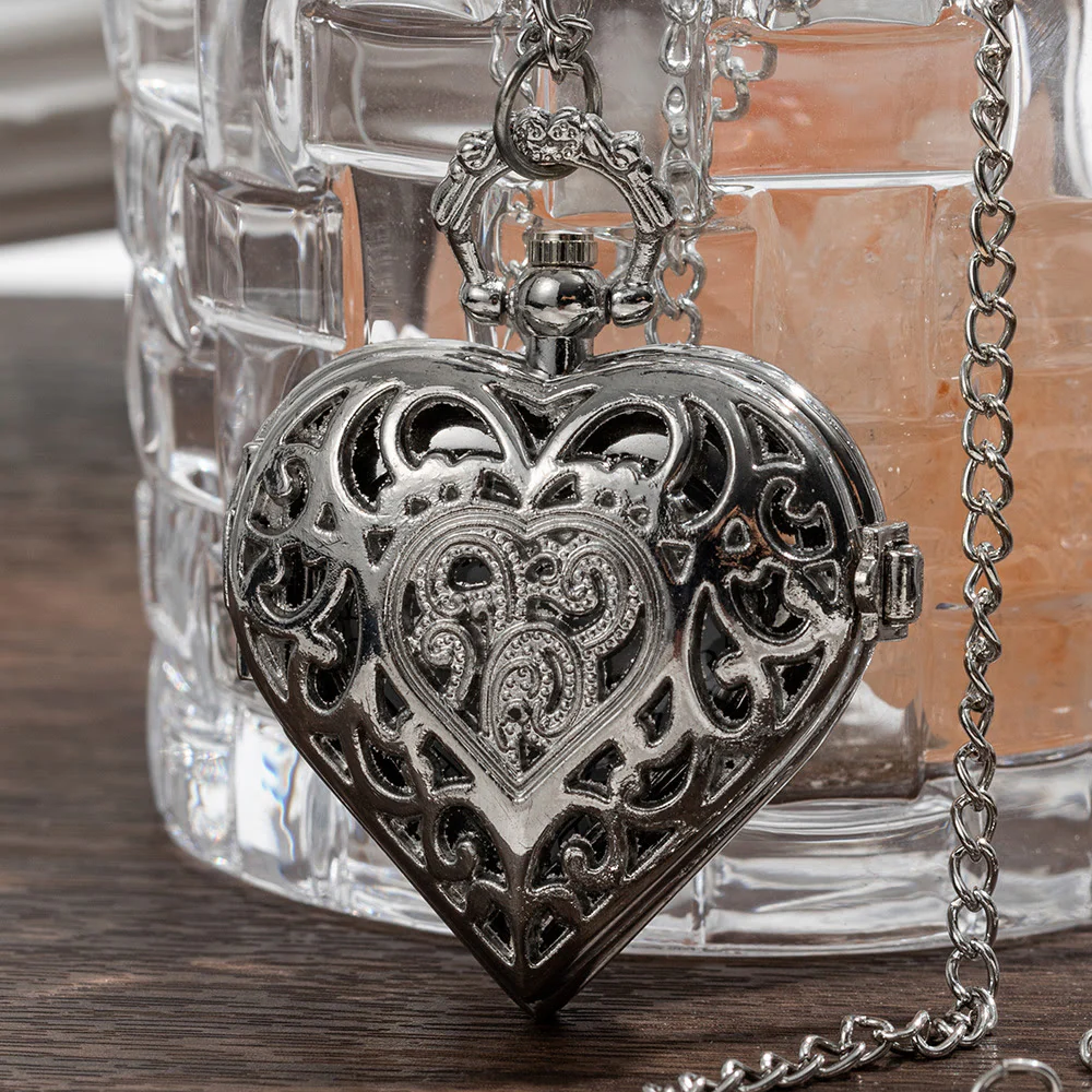 Silver Retro Couple Heart-shaped Hollow Carved Pocket Watch