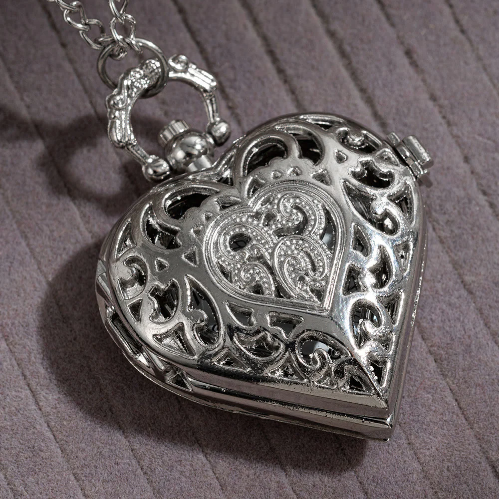 Silver Retro Couple Heart-shaped Hollow Carved Pocket Watch - Image 2