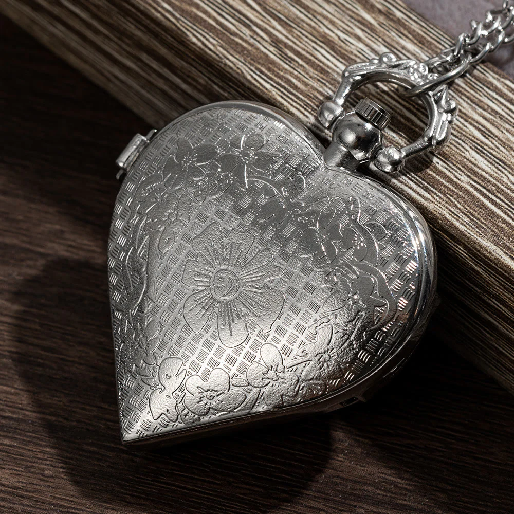 Silver Retro Couple Heart-shaped Hollow Carved Pocket Watch - Image 4