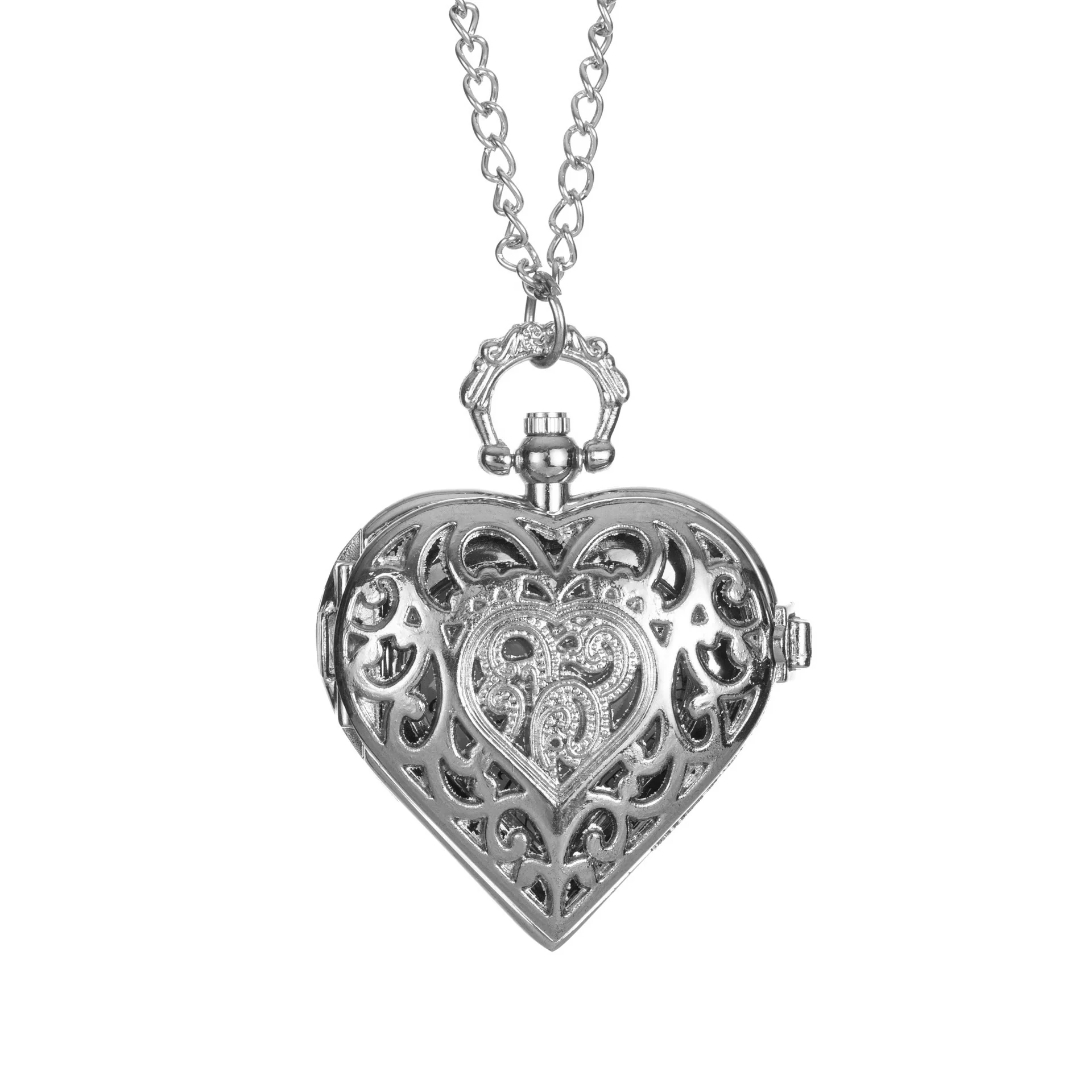 Silver Retro Couple Heart-shaped Hollow Carved Pocket Watch - Image 5