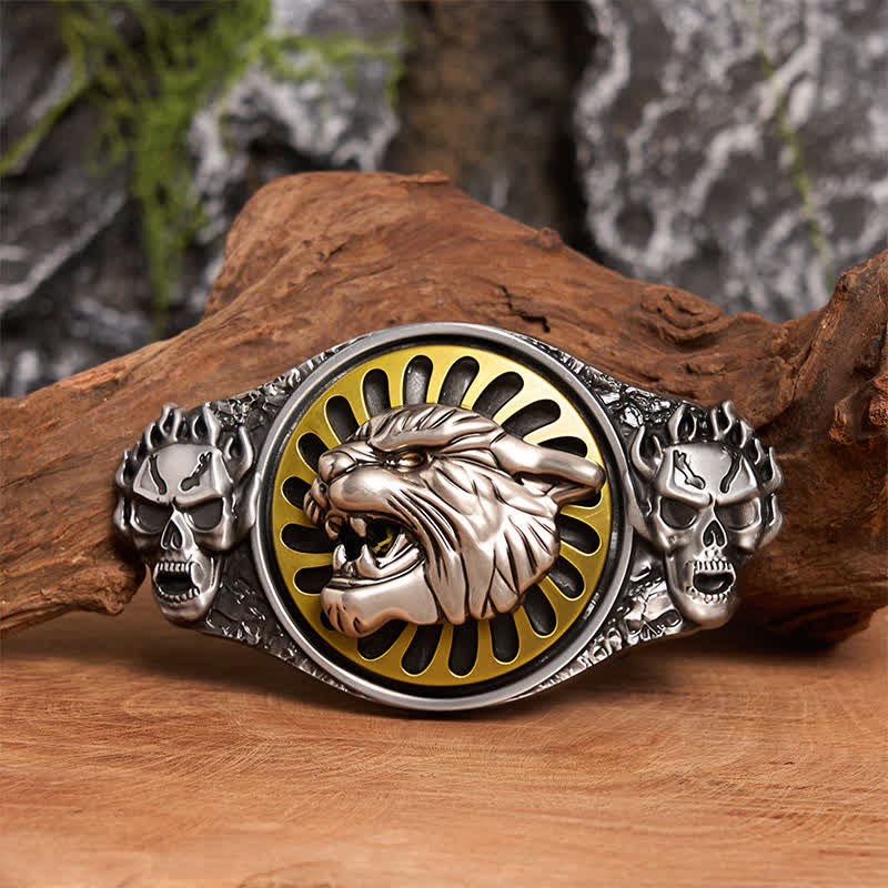 Silver Skull Roaring Tiger Head DIY Rotating Buckle Leather Belt