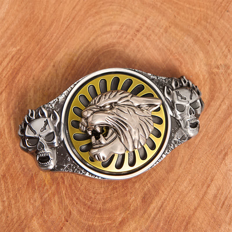 Silver Skull Roaring Tiger Head DIY Rotating Buckle Leather Belt - Image 2
