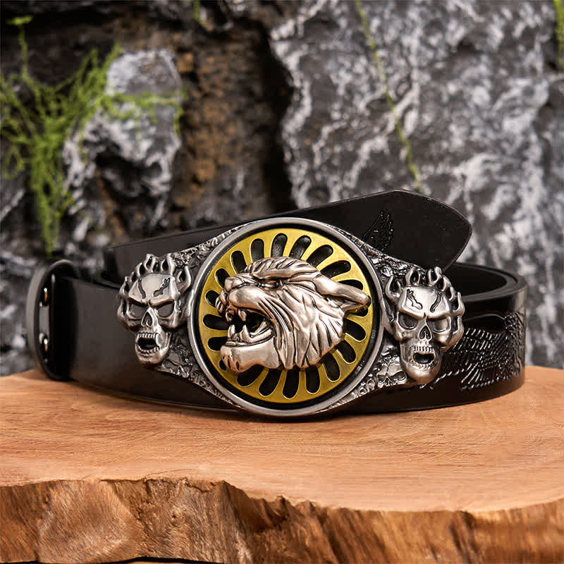 Silver Skull Roaring Tiger Head DIY Rotating Buckle Leather Belt - Image 3