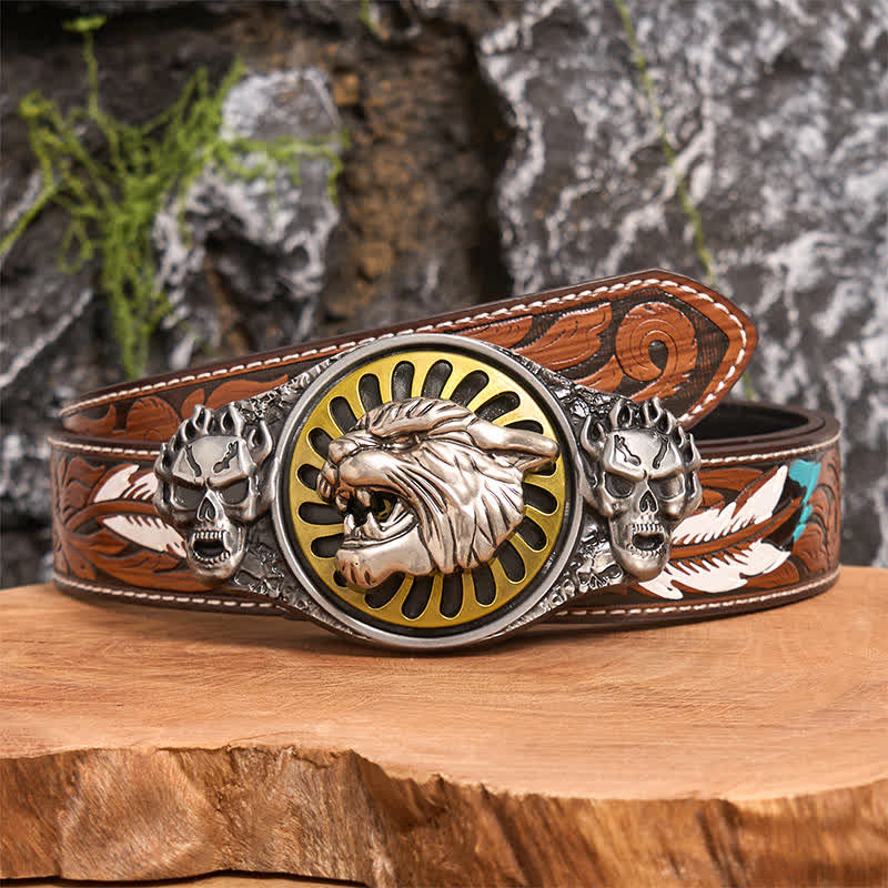 Silver Skull Roaring Tiger Head DIY Rotating Buckle Leather Belt - Image 6