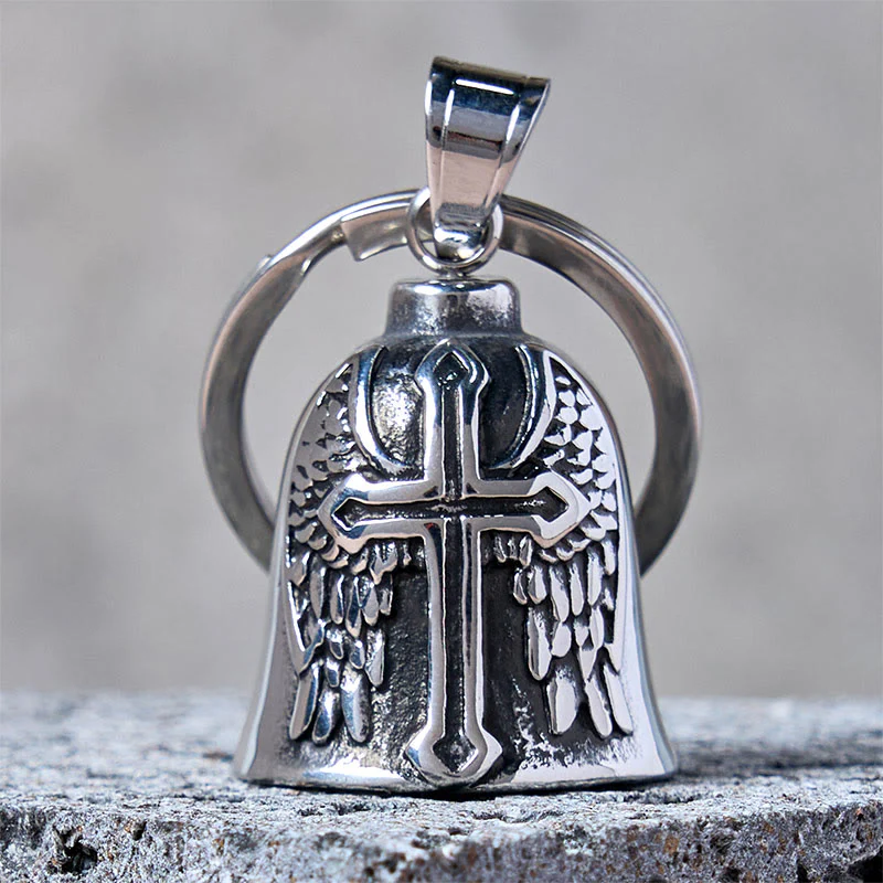 Silver Viking Cross And Wings Bell Keychain
