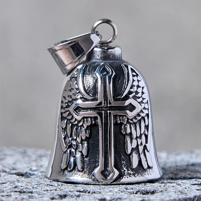 Silver Viking Cross And Wings Bell Keychain - Image 2