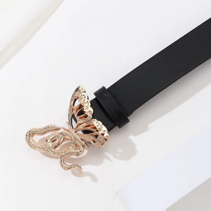 Sinuous Snake & Delicate Butterfly Buckle Black Leather Belt - Image 2